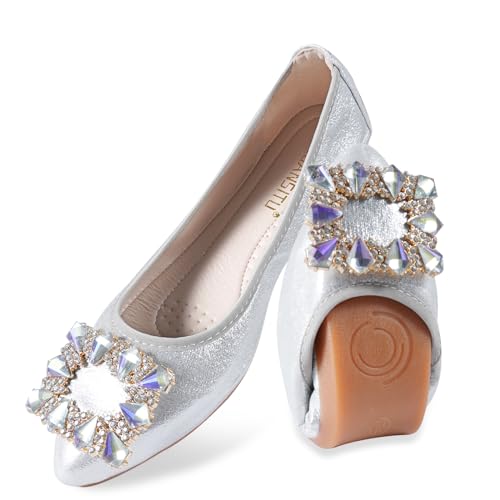 MACHSWON Damen Ballerinas Glitzernde Strass Hochzeit Ballerina Schuhe Faltbare Tragbare Komfort Slip on Flache Wanderschuhe, Silber 1, 38.5 EU von MACHSWON