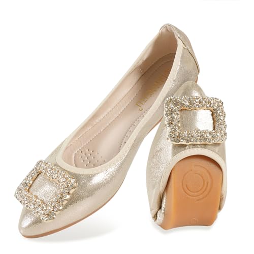 MACHSWON Damen Ballerinas Glitzernde Strasssteine Hochzeit Ballerina Schuhe Faltbar Tragbar Komfort Slip on Flache Wanderschuhe, gold, 38 EU von MACHSWON