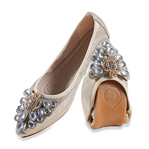 MACHSWON Damen Ballerinas Slip on Ballerina Schuhe Tragbare Damen Formal Komfort Glitzernde Strass Krone Spitz Zehe Flats Pumps Hochzeitsschuhe für Braut, gold, 37 EU von MACHSWON