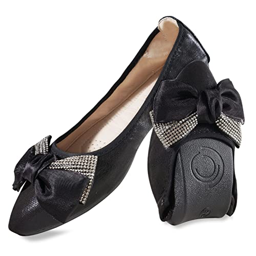 MACHSWON Damen Ballet Flache Schuhe Spitze Zehe Gefaltet Kleid Schuhe Slip on Flache Arbeitsschuhe Ballerina Geschlossene Flat mit Strass（Schwarz 37） von MACHSWON