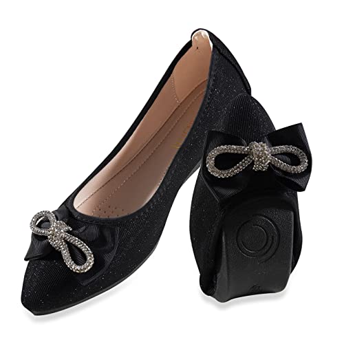 MACHSWON Damen Ballet Flache Schuhe Spitze Zehe Gefaltet Kleid Schuhe Slip on Flache Arbeitsschuhe Ballerina Geschlossene Flat mit Strass（Schwarz 38） von MACHSWON