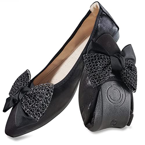 MACHSWON Damen Ballet Flache Schuhe Spitze Zehe Gefaltet Kleid Schuhe Slip on Flache Arbeitsschuhe Ballerina Geschlossene Flat mit Strass（Schwarz 40） von MACHSWON