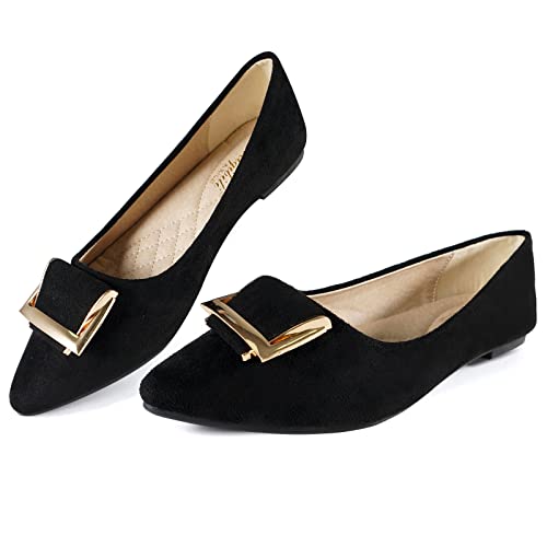 MACHSWON Damen Flache Schuhe Schnalle Spitz Zehe Ballett elegante Flache bequeme Slip On Ballett Pumps Arbeitsschuhe, Schwarz , 41 EU von MACHSWON