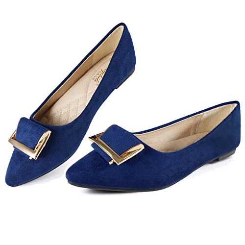MACHSWON Damen Flache Schuhe Schnalle Spitze Zehen Ballett Dressy Flats Bequem Slip On Ballett Pumps Arbeitsschuhe, blau, 37 EU von MACHSWON