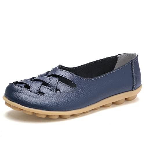 MACHSWON Damen Hollow Out Bequeme Leder Loafers Casual Round Toe Mokassins Wild Driving Flats Soft Walking Bootsschuhe Frauen, dunkelblau, 40 EU von MACHSWON