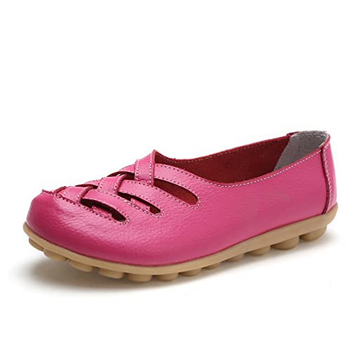 MACHSWON Damen Hollow Out Bequeme Leder-Loafers Casual Runde Zehen Mokassins Wild Driving Flats Weiche Walking Bootschuhe Damen, magenta, 38 EU von MACHSWON