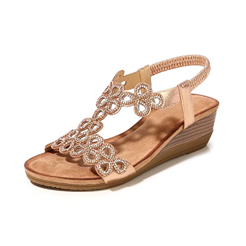 MACHSWON Damen Offene Zehenpartie Plateau Keilsandalen Dressy Casual Sandale Sommer Bequem Funkelnd Bohemian Strand Perlen Outdoor Hochzeitsschuhe, Champagner 1, 37EU von MACHSWON