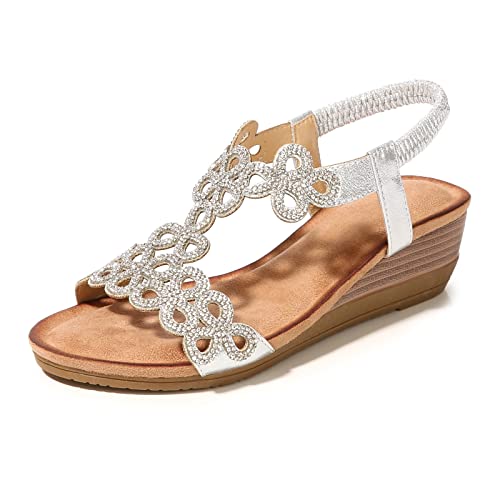 MACHSWON Damen Offene Zehenpartie Plateau Keilsandalen Dressy Casual Sandale Sommer Bequem Funkelnd Bohemian Strand Perlen Outdoor Hochzeitsschuhe, Silber 1, 36 EU von MACHSWON