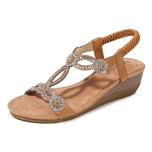 MACHSWON Damen Offene Zehenpartie Plateau Keilsandalen Dressy Casual Sandale Sommer Bequem Funkelnd Bohemian Strand Perlen Outdoor Hochzeitsschuhe, braun, 38 EU von MACHSWON