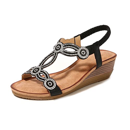 MACHSWON Damen Offene Zehenpartie Plateau Keilsandalen Elegant Casual Sandale Sommer Bequem Funkelnd Bohemian Strand Perlen Outdoor Hochzeit Schuhe, Schwarz , 37EU von MACHSWON