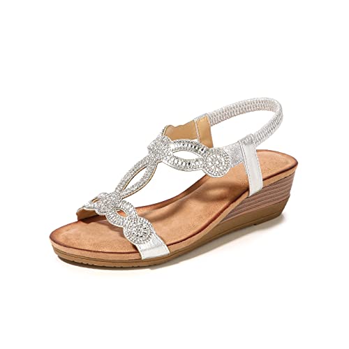 MACHSWON Damen Offene Zehenpartie Plateau Keilsandalen Elegant Casual Sandale Sommer Bequem Funkelnd Bohemian Strand Perlen Outdoor Hochzeit Schuhe, silber, 37EU von MACHSWON