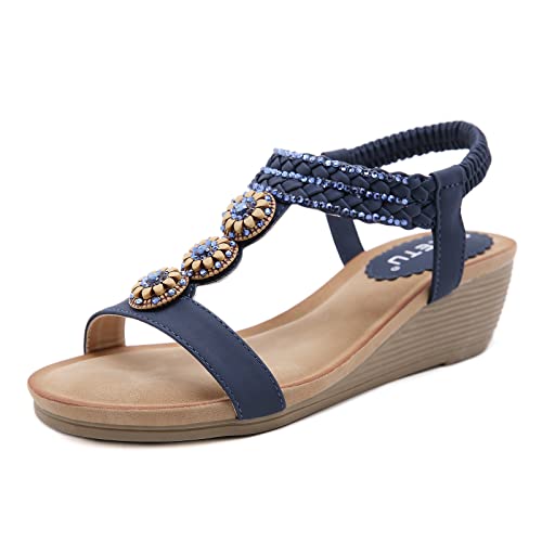 MACHSWON Damen-Sandalen, Keilabsatz, Blumen, Perlen, niedriger Absatz, Plateau-Sandalen, elastische Knöchelriemen, Strass-Sandalen, Sommer, bequeme Schuhe, navy, 38 EU von MACHSWON