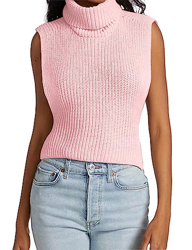MACNOORA Damen Ärmellose Pulloverweste Rollkragen Rippstrick Tank Tops Basic Slim Fit Top, Helles Pink, XX-Large von MACNOORA