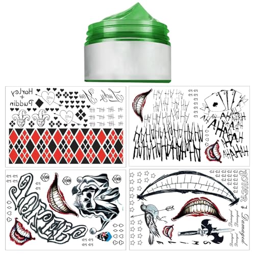 MACULPER 4 Blatt Halloween Clown Temporäre Tattoos Klebetattoos Erwachsene Aufkleber Grün Haarfarbe Clown Make UP Set Gesichts Tattoo für Halloween Karneval Horror Night Cosplay Thema Party von MACULPER