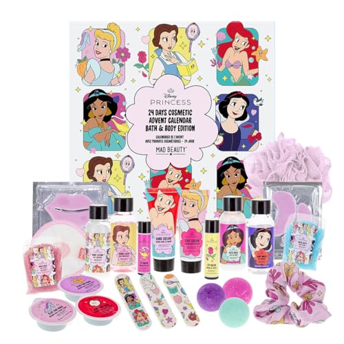 MAD Beauty – Disney Princess Adventskalender mit 24 Make up & Kosmetik Produkten, Wellness Adventskalender Prinzesssinen für Frauen mit Gesichtsmaske, Bodylotion, Haargummi – Weihnachtskalender Beauty von MAD Beauty