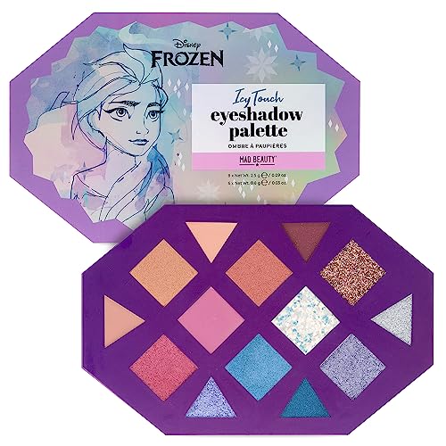 Mad Beauty Disney Frozen Elsa Icy Touch Lidschatten-Palette zum 10. Jahrestag, vierzehn Farbtöne plus Glitzer-Topper, Kosmetikgeschenke von MAD Beauty