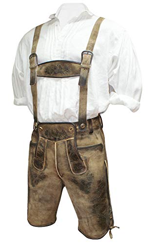 Lederhose mit Träger in Hirschleder-Optik Trachtenlederhose kurz braun Antik-Patina speckig Plattlerhose Bestickt Trachten-Lederhose Wildbock Leder echte Hirschhorn-Knöpfe, Größe:48 von Maddox