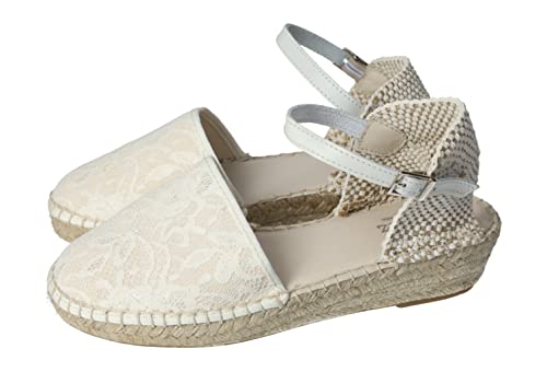 MADE IN SPAIN 223 Espadrilles für Kommunion oder Zeremonie aus Leinwand, Beige, Elfenbein, mit Blumen, hergestellt in Caravaca de la Cruz, Spanien Mädchen Schuh Kommunion, elfenbein, 37 EU von MADE IN SPAIN