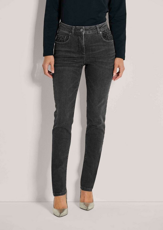 MADELEINE Gerade Jeans Kurzgröße: Glanzvolle Slim Fit Five-Pocket-Jeans Jeans mit Strass-Details und formschöner Bund, Glitzerakzente von MADELEINE
