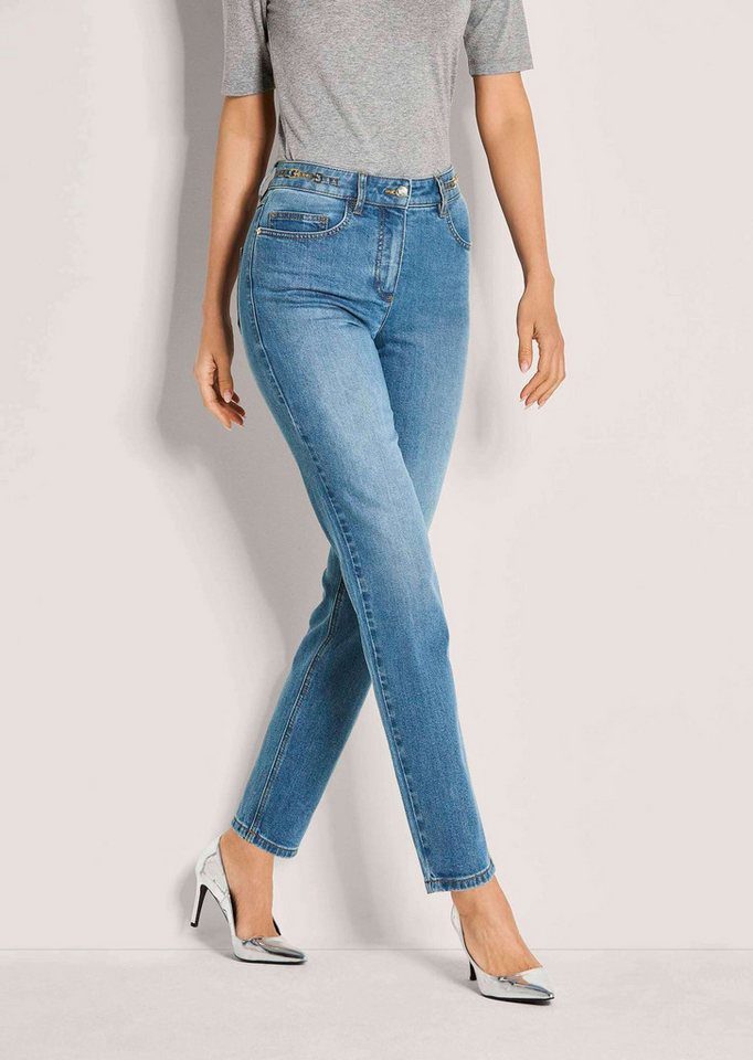 MADELEINE Gerade Jeans Kurzgröße: Lange Slim Fit Stretch-Jeans Waschung mit Kettendetails, High Waist Hose mit langem Bein von MADELEINE