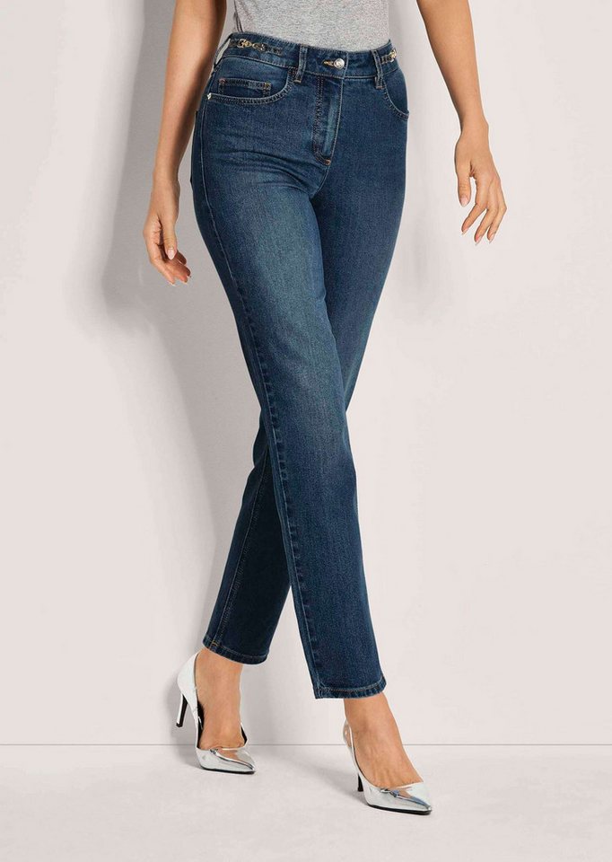 MADELEINE Gerade Jeans Lange Slim Fit Stretch-Jeans Waschung mit Kettendetails, High Waist Hose mit langem Bein von MADELEINE