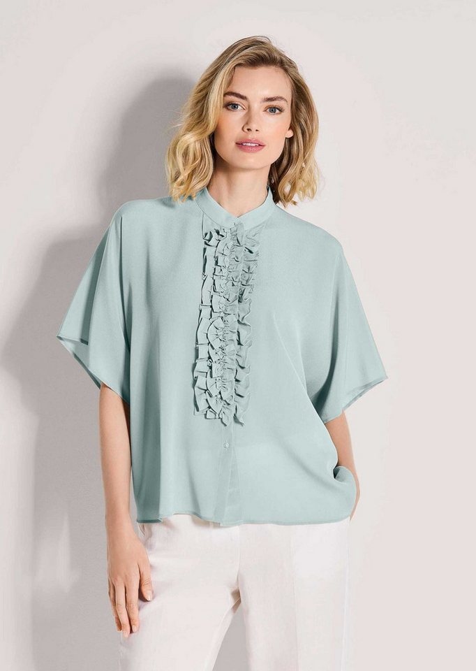 MADELEINE Kurzarmbluse Elegante Seidenbluse mit Rüschen Rüschenbluse mit Stehkragen, Knopfleiste und Halbarm von MADELEINE