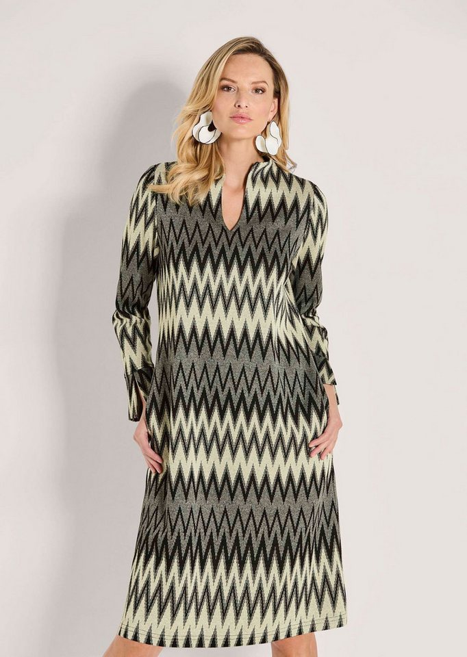 MADELEINE Midikleid Elegantes Kleid mit Zick-Zack-Muster Kelchkragen mit tiefem V-Ausschnitt und langen Ärmeln von MADELEINE