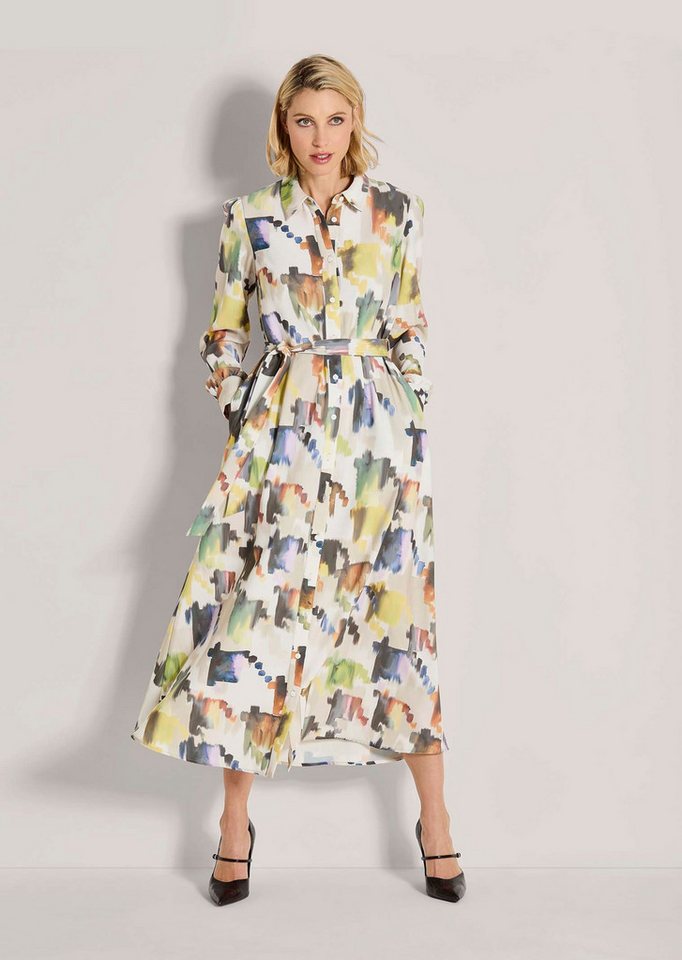 MADELEINE Midikleid Modernes Hemdblusenkleid mit Taillengürtel Langarmkleid mit Ethno-Muster und Hemdkragen von MADELEINE