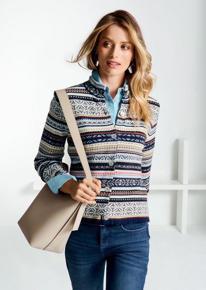 MADELEINE Strickjacke Norweger-Muster Jacquard-Cardigan Ungefütterte Wolljacke mit Stehkragen, Langarm MADELEINE Strickjacke Norweger-Muster Jacquard-Cardigan Ungefütterte Wolljacke mit Stehkragen, Langarm von MADELEINE