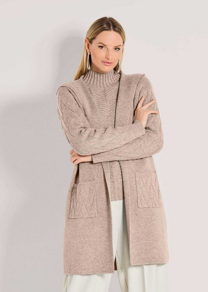 MADELEINE Strickjacke Urbaner Cardigan in Longform Kapuzenjacke mit Jacquard-Ärmeln, ohne Verschluss und Langarm von MADELEINE