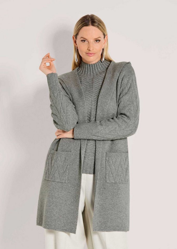 MADELEINE Strickjacke Urbaner Cardigan in Longform Kapuzenjacke mit Jacquard-Ärmeln, ohne Verschluss und Langarm von MADELEINE