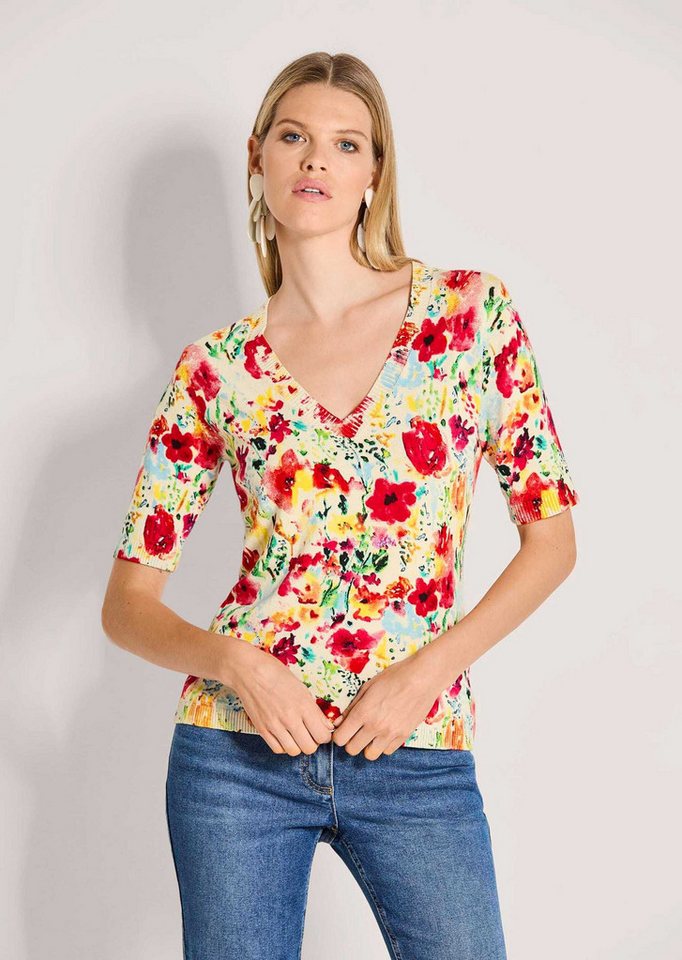 MADELEINE Strickpullover Druckpullover mit floralem Muster Sommershirt mit V-Ausschnitt und Kurzarm von MADELEINE