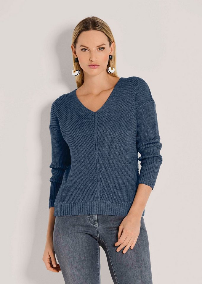 MADELEINE Strickpullover Langarm-Pullover mit V-Ausschnitt Winterpullover mit Rippstruktur, überschnittene Schultern und Langarm von MADELEINE