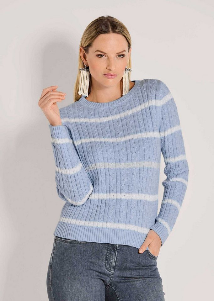 MADELEINE Strickpullover Moderner Baumwollpullover mit Zopfmuster und Ringel-Design Kurz geschnittener Herbstpullover mit Rundhals und Langarm von MADELEINE