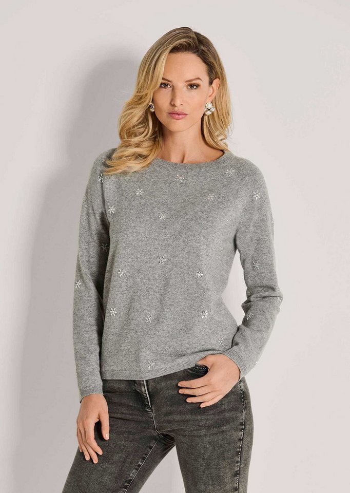 MADELEINE Strickpullover Winterpullover mit edlen Ziersteinen Melierter Pullover mit Langarm und Rundhalsausschnitt von MADELEINE