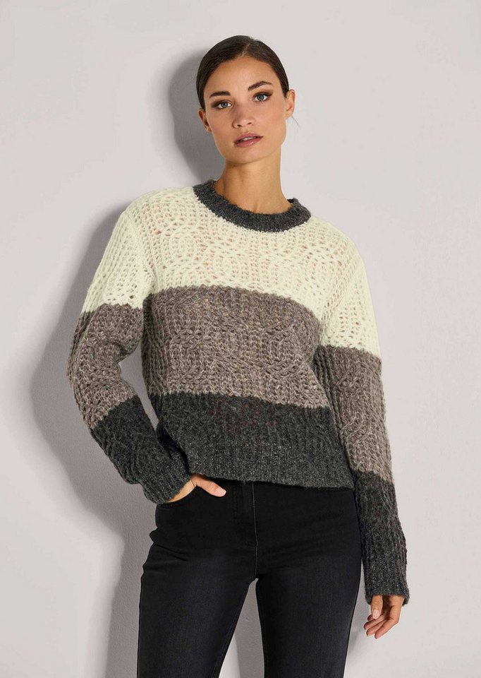MADELEINE Strickpullover Eleganter Wollpullover mit Zopfmuster Winterpullover mit Rundhals, Blockstreifen und Langarm von MADELEINE