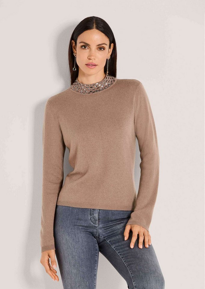 MADELEINE Strickpullover Eleganter Wollpullover mit Stehkragen Glattstrickpullover mit Ziersteinen, Rippstricksaum und Langarm von MADELEINE