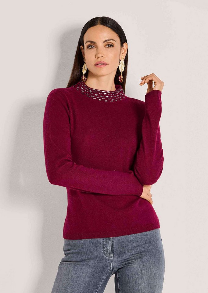 MADELEINE Strickpullover Eleganter Wollpullover mit Stehkragen Glattstrickpullover mit Ziersteinen, Rippstricksaum und Langarm von MADELEINE