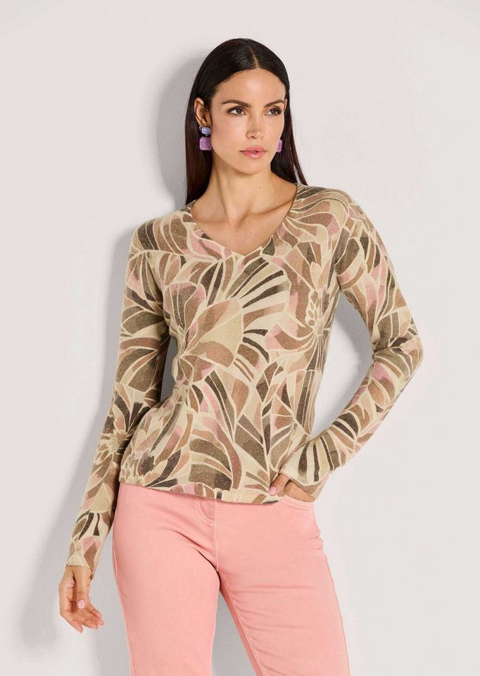 MADELEINE Strickpullover Luxuriöser Glattstrickpullover mit floralem Design Wollpullover mit V-Ausschnitt, Rippenbündchen und Langarm von MADELEINE