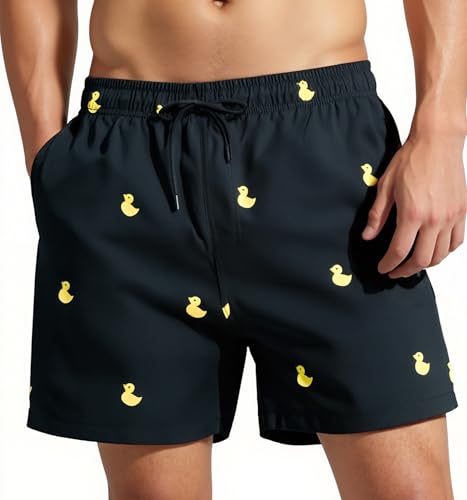 MADHERO Herren-Badehose mit lustigem Muster, mit Netzfutter, Badeshorts, Schwarze kleine Ente, XL von MADHERO