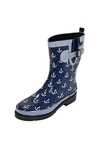 MADSea Damen Gummistiefel Ocean Anchor Halbschaft | Regenstiefel wasserdicht mit Dehnfalte Gartenschuh mit Anker Motiv, Dunkelblau mit Weißen Ankern, 36 EU von MADSea