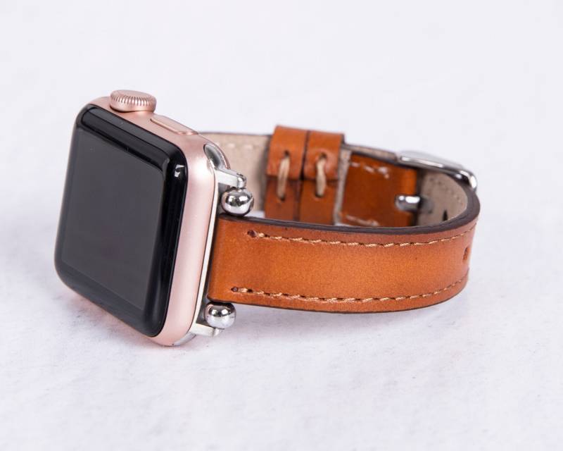 Uhrenarmband Aus Handgefertigtem Schmalen Leder in Handarbeit Braun. Kompatibel Mit Apple Und Fitbit Watch Alle Serien. Echtes Premium von MADUEMNEWYORK