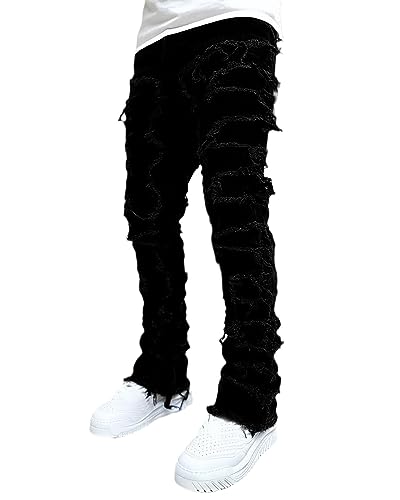 MAEHARRT Stacked Jeans Herren Ripped Jeans Slim Fit Skinny Patchwork Denim Pants Y2K Goth Harajuku Hip Hop Jeans Hose, 01-Schwarz, X-Groß von MAEHARRT