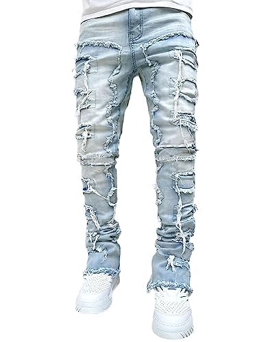 MAEHARRT Stacked Jeans Herren Ripped Jeans Slim Fit Skinny Patchwork Denim Pants Y2K Goth Harajuku Hip Hop Jeans Hose, 01-blau2, Mittel von MAEHARRT