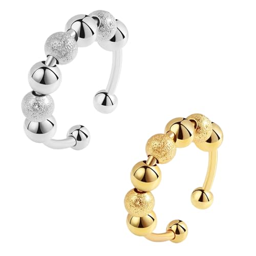 MAEXUS 2 Stück Anti-Stress Ringe,Fidget Ringe,Adjustable Ring,Movable Beads Spinner Ring,Angstlinderung Ring,Entspannungsring,Unisex,Stressreduzierender drehbarer Schmuck (Gold und Silber) von MAEXUS