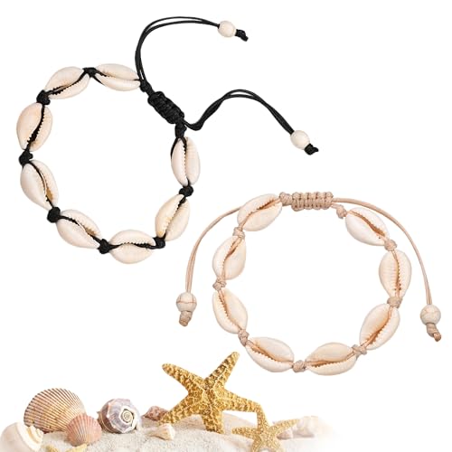MAEXUS 2 Stück Muschel Armband Damen,Muschel Schmuck,Fußkettchen Muscheln,Muschelarmband Natürliche Kaurimuschel für Damen Mädchen,Verstellbar (Schwarz+Weiß) von MAEXUS