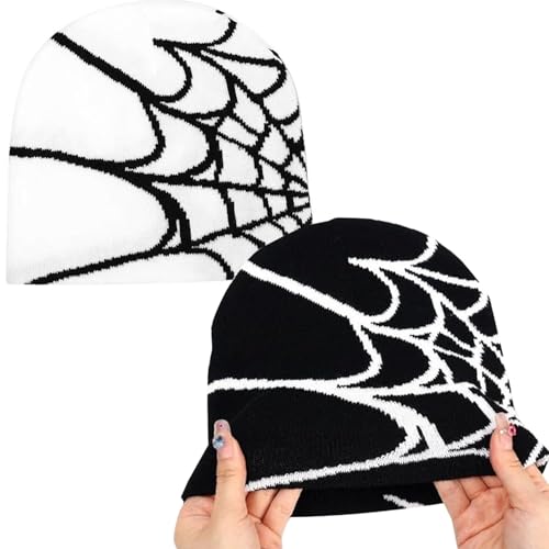 MAEXUS 2 Stück Spider Web Hats Cap Skull Cap Beanie Y2K Beanie Mütze - Trendiges Y2K Accessoire mit Spinnenmuster für Herren, Lässig und Bequem (Schwarz und Weiß) von MAEXUS