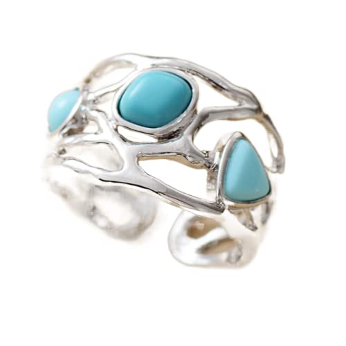 3-Steine-Türkis-Damenring Mit Vergoldetem Und Versilbertem Ringschmuck,Türkis,Der Größe Veränderbar von MAFLEN