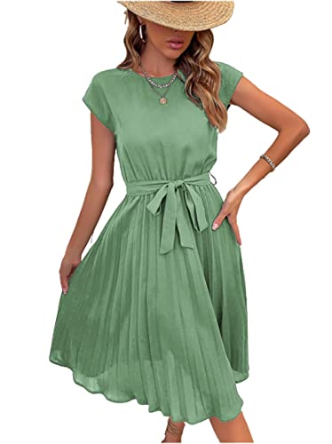 MAFLEN Damen Rundhals Einfarbiges Plissiertes Abendkleid Mit Gürtel Hohe Taille Kurzarm Tunika Kleid Tailliert Elegant Maxikleid A,M von MAFLEN