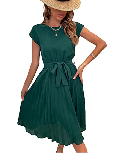 MAFLEN Damen Rundhals Einfarbiges Plissiertes Abendkleid Mit Gürtel Hohe Taille Kurzarm Tunika Kleid Tailliert Elegant Maxikleid D,M von MAFLEN